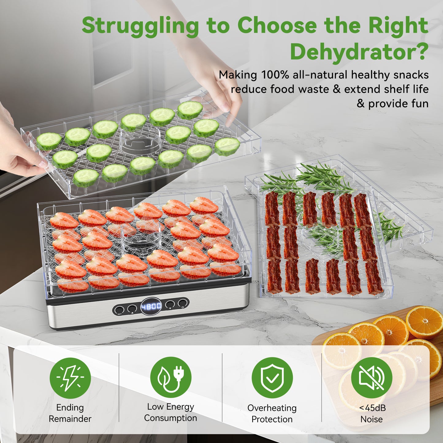 Food Dehydrator for Jerky, 5 BPA-Free Trays Dehyrator Machine for Meat, Fruits, Beef Jerky, Mushroom, with Time and Temperature Control, 400W, Dehydrator Cookbook included, Freeze Dryer