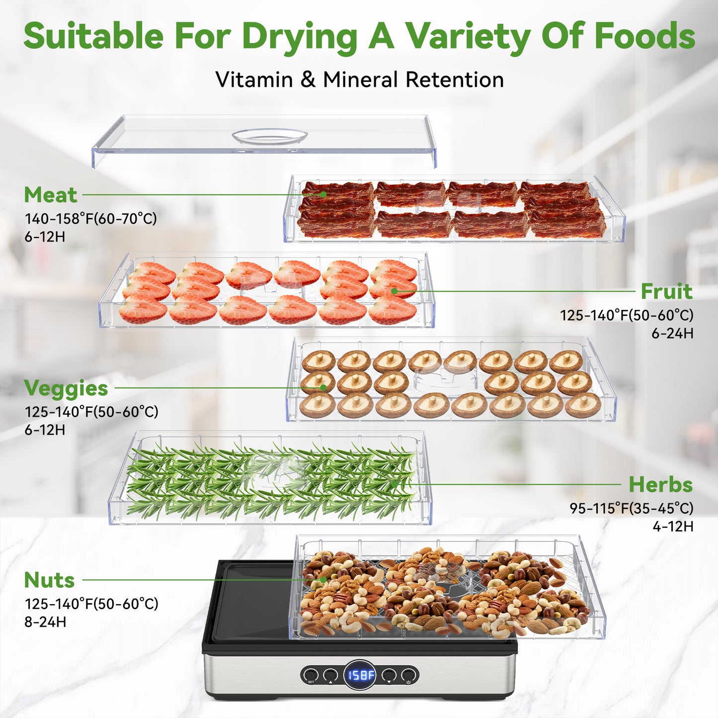 Food Dehydrator for Jerky, 5 BPA-Free Trays Dehyrator Machine for Meat, Fruits, Beef Jerky, Mushroom, with Time and Temperature Control, 400W, Dehydrator Cookbook included, Freeze Dryer