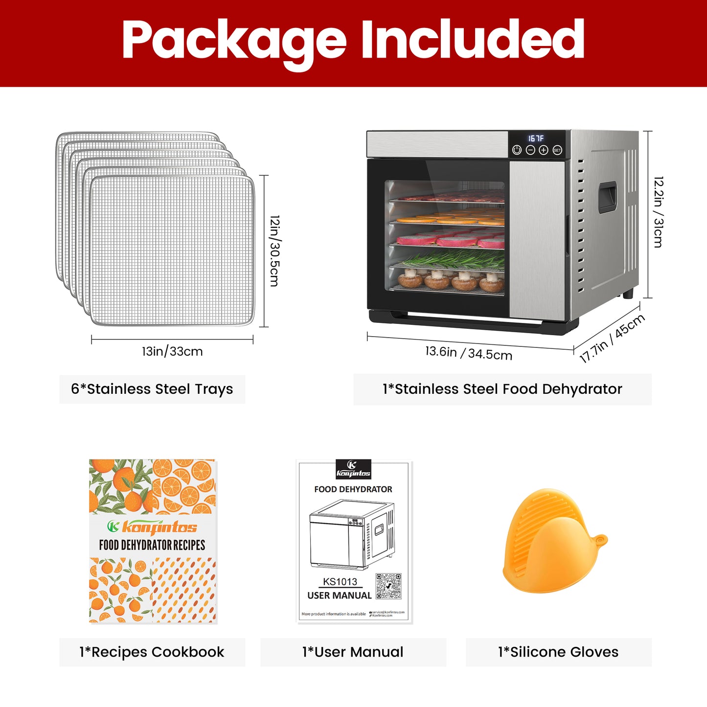 Food Dehydrator for Jerky, 6 Stainless Steel Trays Dehyrator Machine for Meat, Fruits, Beef Jerky, Mushroom, with Time and Temperature Control, Dehydrator Cookbook included, Freeze Dryer