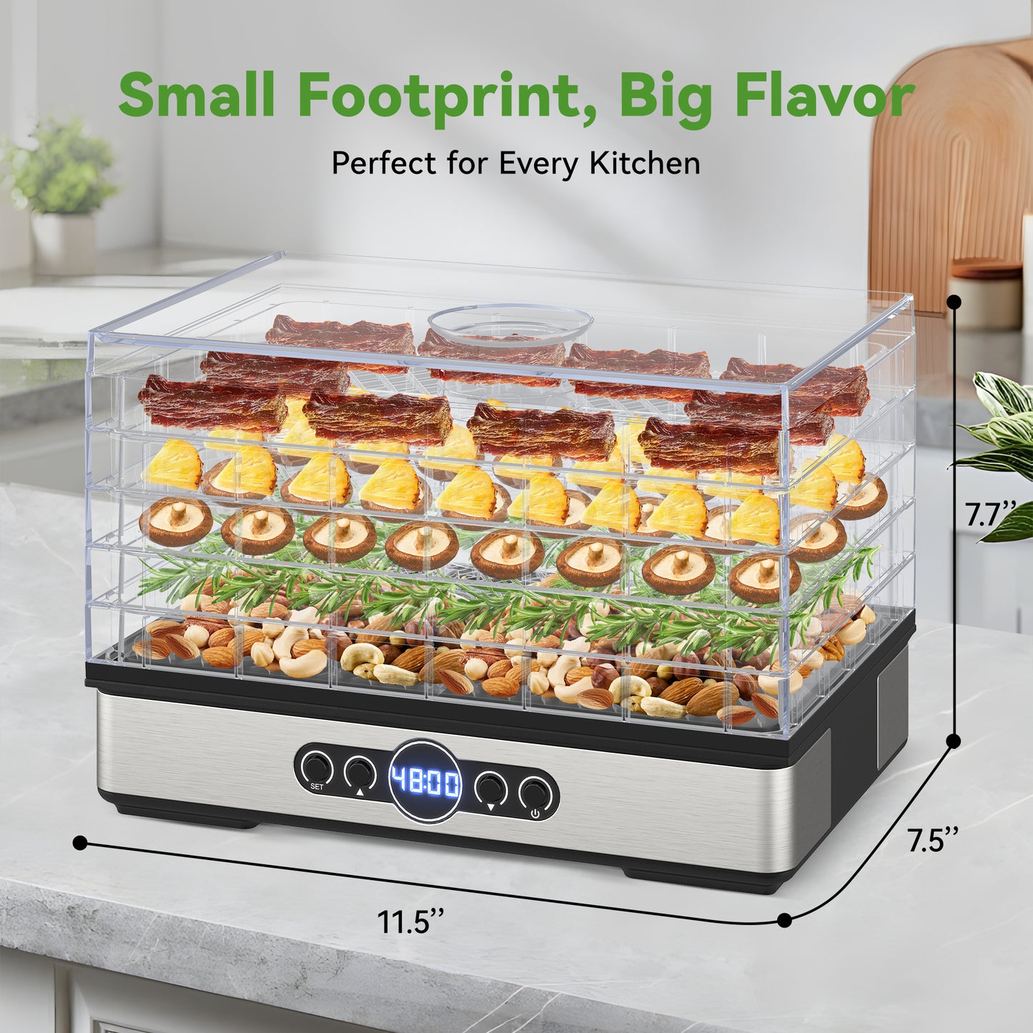 Food Dehydrator for Jerky, 5 BPA-Free Trays Dehyrator Machine for Meat, Fruits, Beef Jerky, Mushroom, with Time and Temperature Control, 400W, Dehydrator Cookbook included, Freeze Dryer