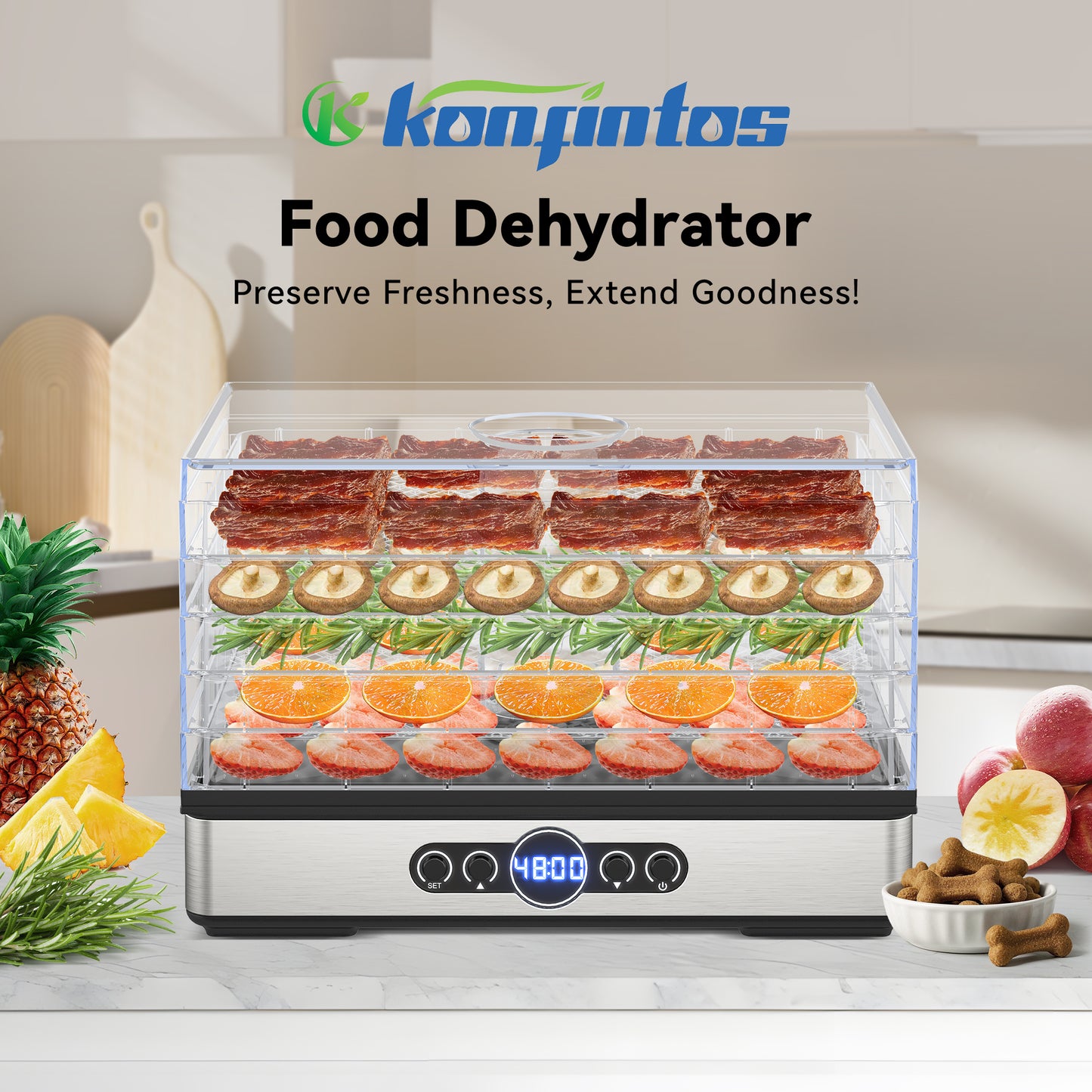 Food Dehydrator for Jerky, 5 BPA-Free Trays Dehyrator Machine for Meat, Fruits, Beef Jerky, Mushroom, with Time and Temperature Control, 400W, Dehydrator Cookbook included, Freeze Dryer
