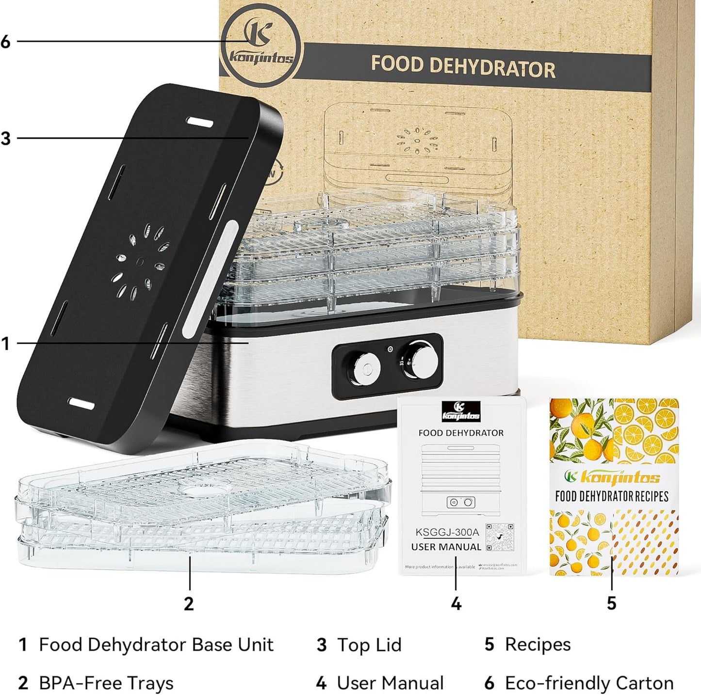 Food Dehydrator for Jerky, 5 Stackable BPA-Free Trays, Adjustable Temperature & 250W