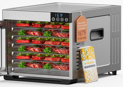 Food Dehydrator for Jerky, 6 Stainless Steel Trays Dehyrator Machine for Meat, Fruits, Beef Jerky, Mushroom, with Time and Temperature Control, Dehydrator Cookbook included, Freeze Dryer