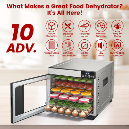 Food Dehydrator for Jerky, 6 Stainless Steel Trays Dehyrator Machine for Meat, Fruits, Beef Jerky, Mushroom, with Time and Temperature Control, Dehydrator Cookbook included, Freeze Dryer