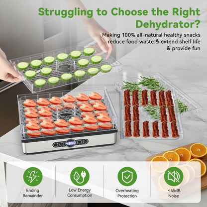 Food Dehydrator for Jerky, 5 BPA-Free Trays Dehyrator Machine for Meat, Fruits, Beef Jerky, Mushroom, with Time and Temperature Control, 400W, Dehydrator Cookbook included, Freeze Dryer