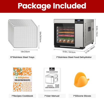 Food Dehydrator for Jerky, 6 Stainless Steel Trays Dehyrator Machine for Meat, Fruits, Beef Jerky, Mushroom, with Time and Temperature Control, Dehydrator Cookbook included, Freeze Dryer