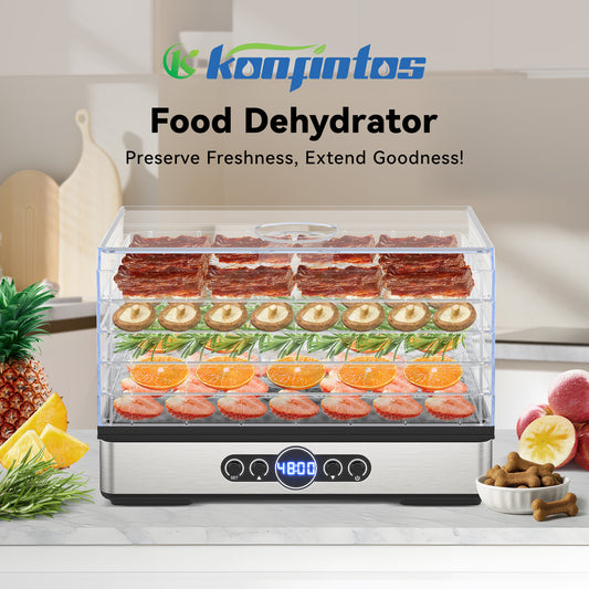 Food Dehydrator for Jerky, 5 BPA-Free Trays Dehyrator Machine for Meat, Fruits, Beef Jerky, Mushroom, with Time and Temperature Control, 400W, Dehydrator Cookbook included, Freeze Dryer