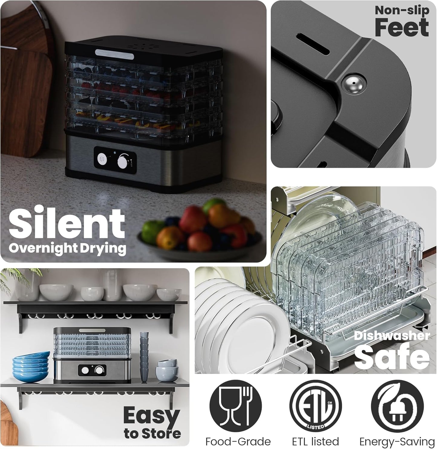 Food Dehydrator for Jerky, 5 Stackable BPA-Free Trays, Adjustable Temperature & 250W