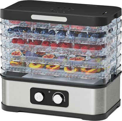 Food Dehydrator for Jerky, 5 Stackable BPA-Free Trays, Adjustable Temperature & 250W